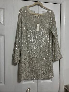 Zsupply Sequin Long Sleeve Shift Dress - Champagne